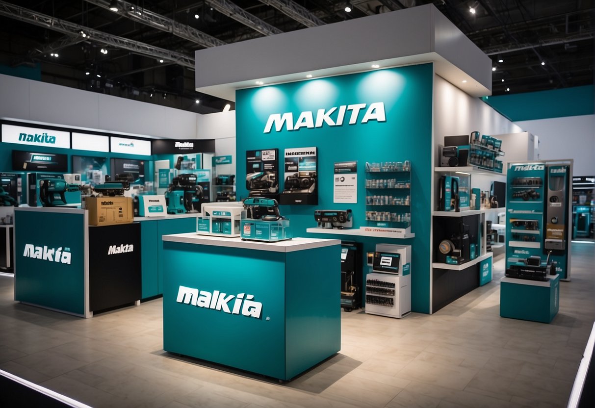 A bright and modern Makita promotions booth in Singapore, with a display of power tools and promotional materials