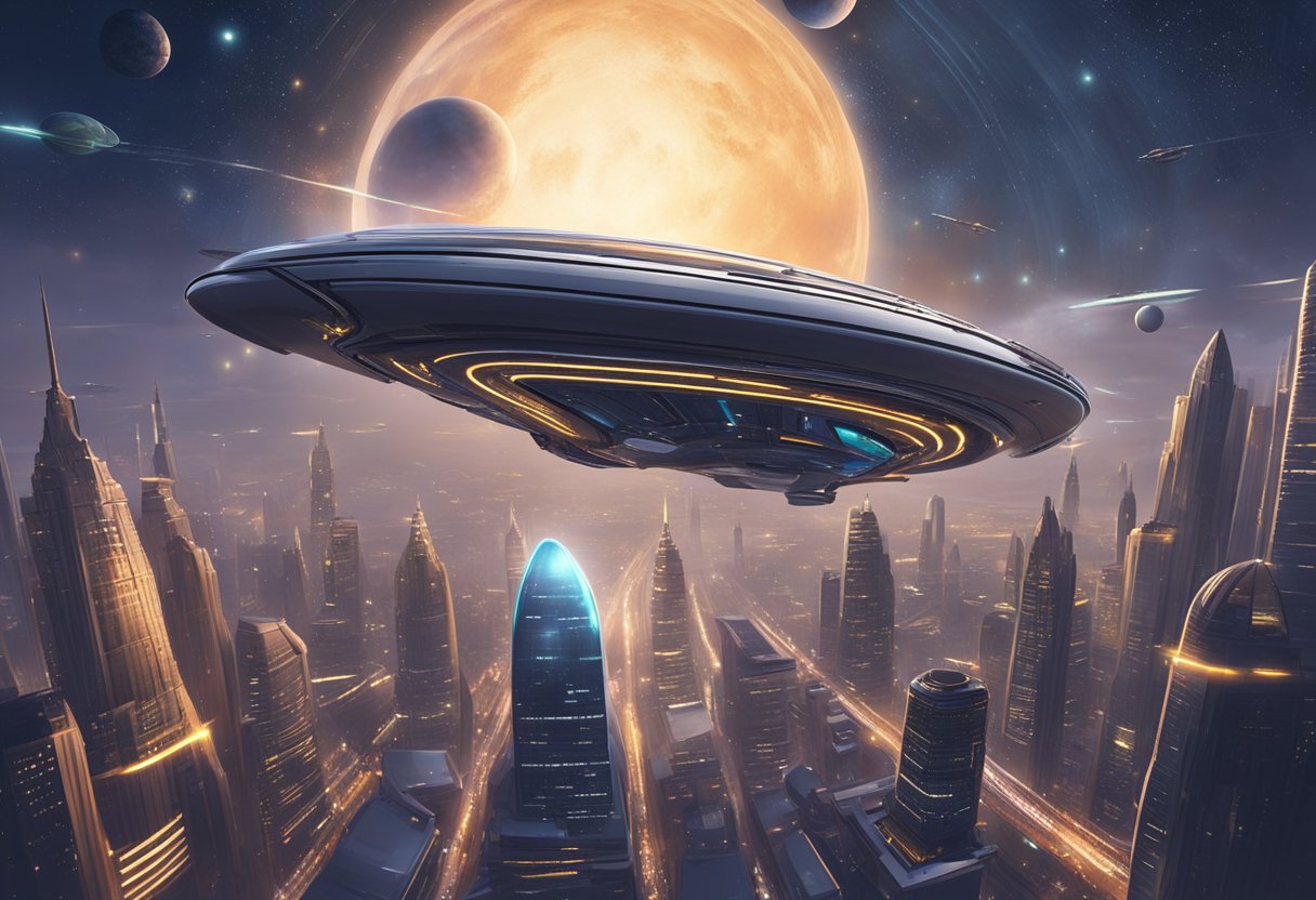 A sleek spaceship hovers above a futuristic city, with glowing skyscrapers and bustling traffic below. The sky is filled with stars and distant planets