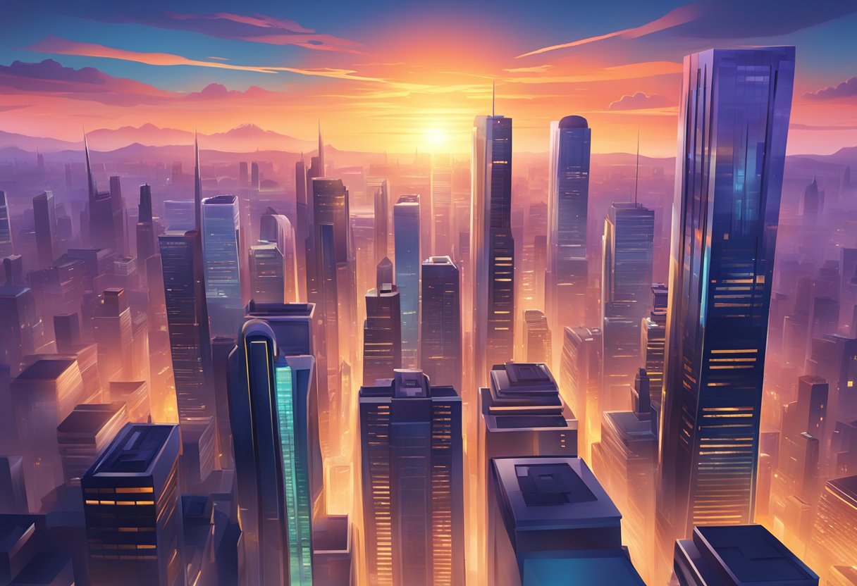 A vibrant city skyline with skyscrapers and a glowing sunset, representing the modern and luxurious atmosphere of Skylux Travel