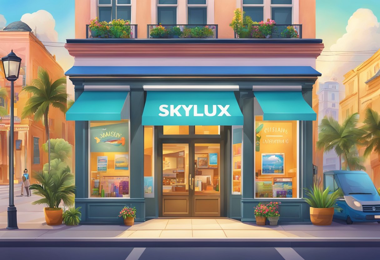 A vibrant travel agency storefront with a bold "Skylux Travel" sign, surrounded by colorful destination posters and a welcoming entrance