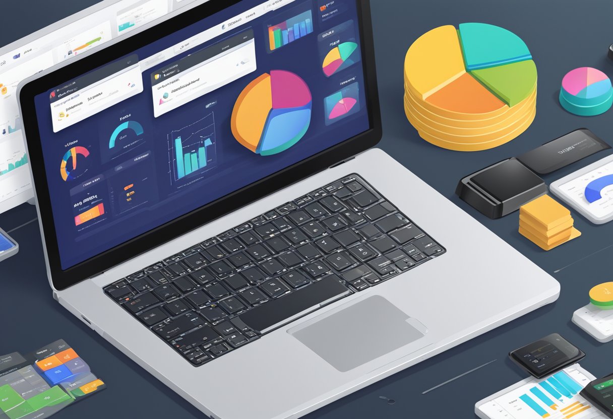A laptop displaying eBay Partner Network dashboard with various affiliate program statistics and earnings