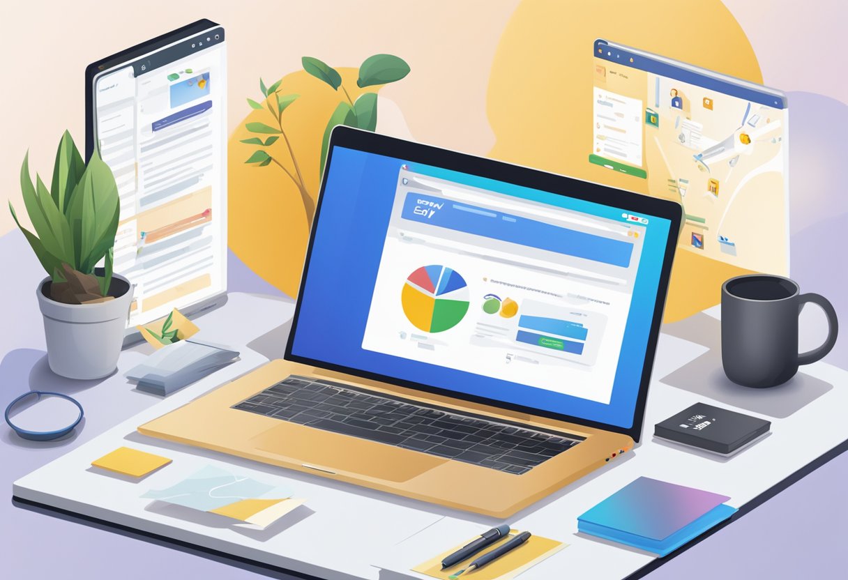 A computer screen displaying the eBay Partner Network website with the affiliate program details, surrounded by relevant marketing materials and a notebook with notes