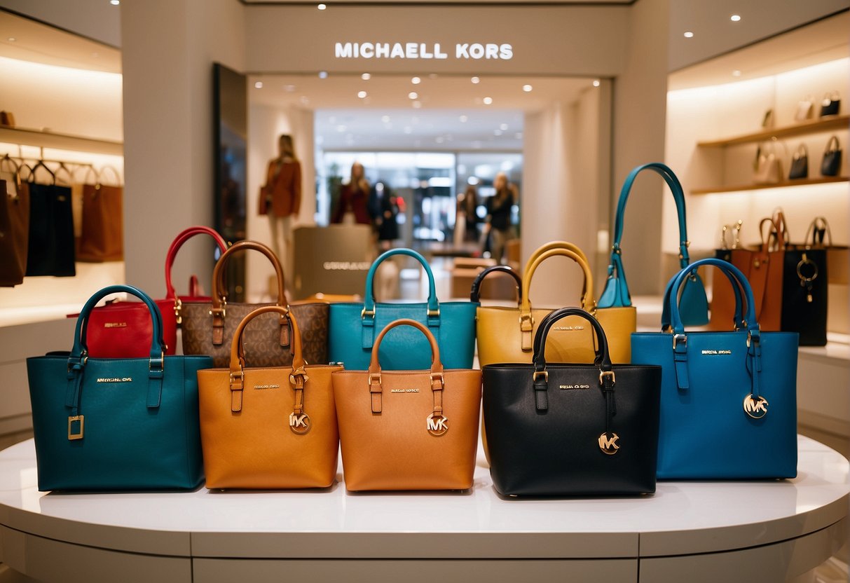 A vibrant display of Michael Kors promotions in a Singapore storefront, featuring sleek handbags and stylish accessories