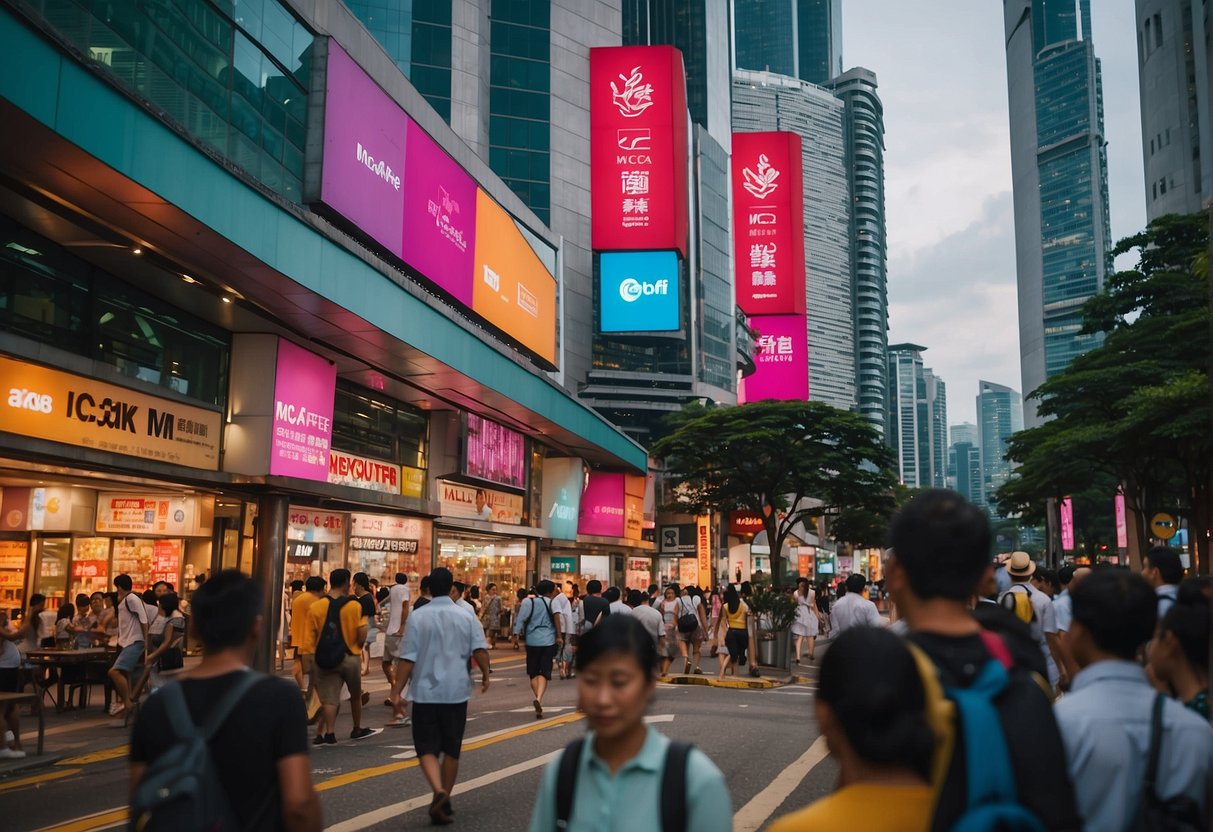 A bustling street in Singapore with colorful banners and signs promoting McAfee products. Tall buildings line the road, and people stroll by, taking in the vibrant atmosphere