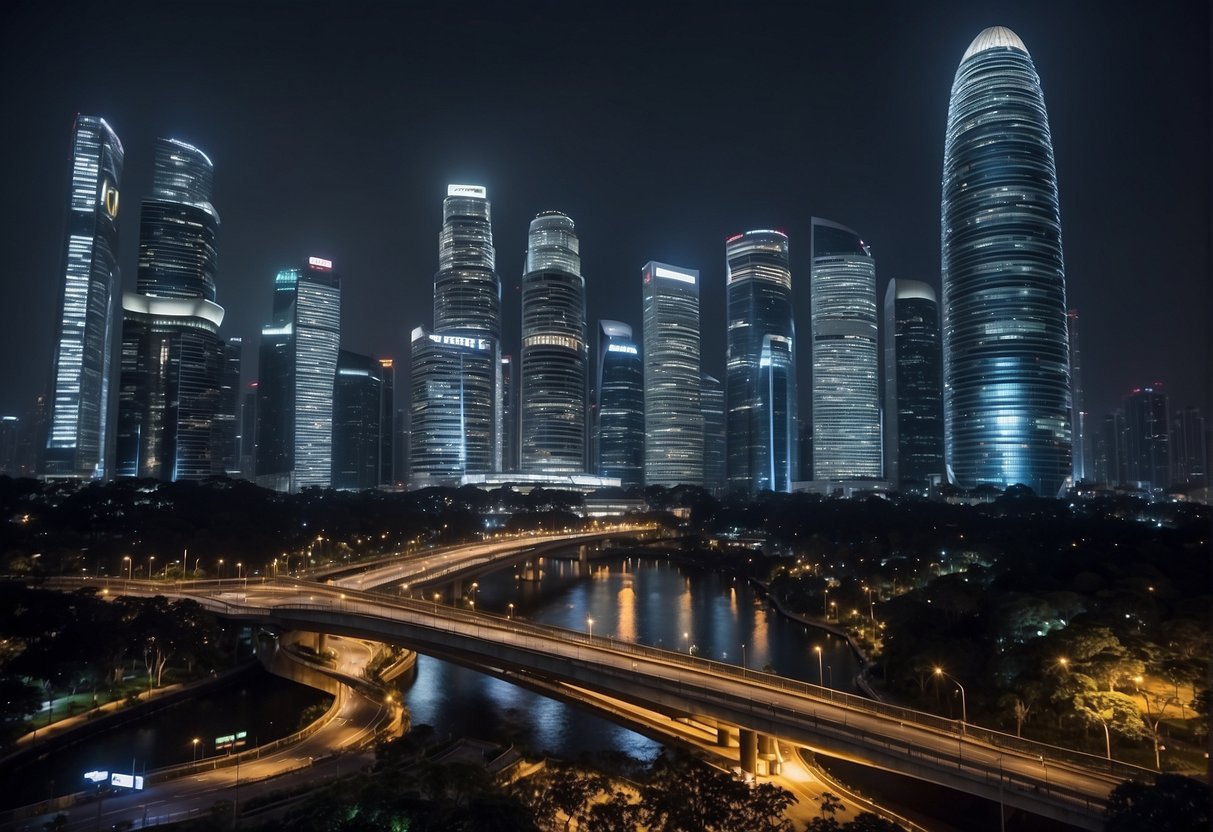 A high-tech security system surrounds a modern city skyline at night. Bright lights and digital displays promote McAfee's 2024 promotions in Singapore