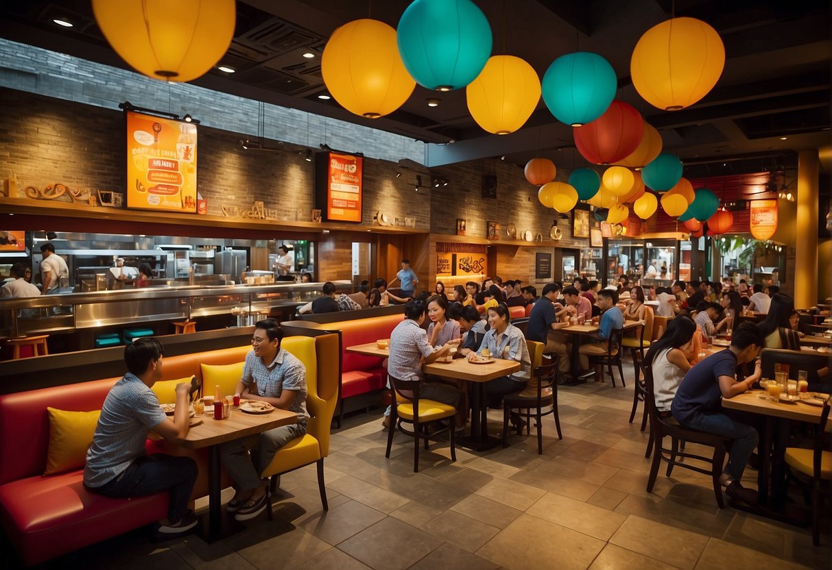 A bustling Nando's restaurant in Singapore, with colorful promotional banners and a lively atmosphere. Tables filled with diners enjoying their meals, while staff members bustle about serving delicious, flame-grilled chicken