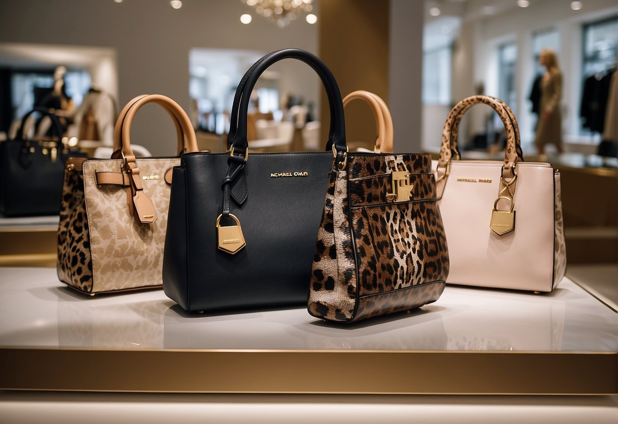 A luxurious display of 2024 promotions at Michael Kors, featuring elegant handbags, stylish footwear, and chic accessories in a sophisticated setting