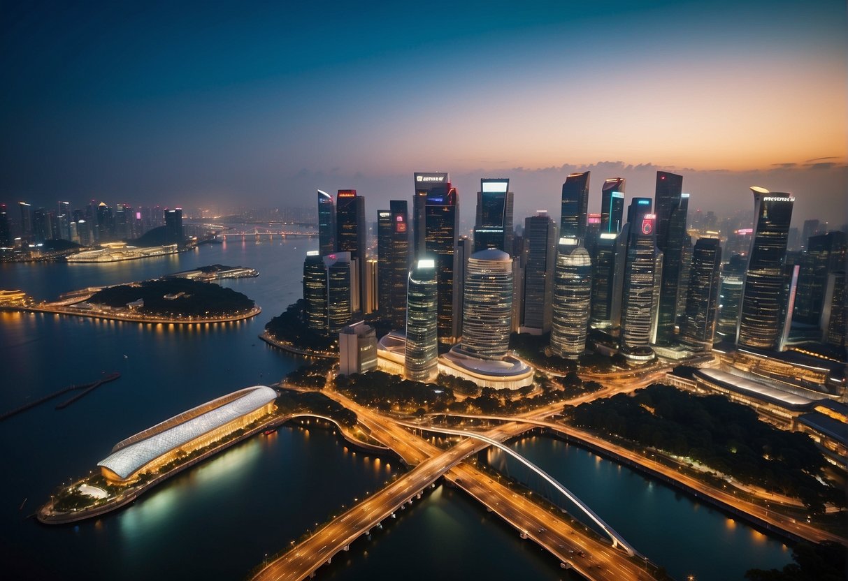 A vibrant cityscape with iconic landmarks and bustling streets, showcasing the energy and excitement of Netspay promotions in Singapore