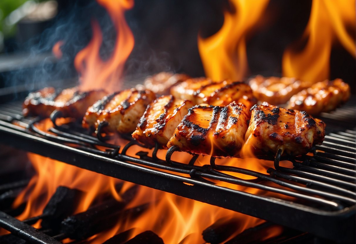 Vibrant flames dance around a sizzling grill, as the aroma of spicy peri-peri sauce fills the air. Bright promotional signs catch the eye, enticing customers to indulge in the fiery flavors of Nando's