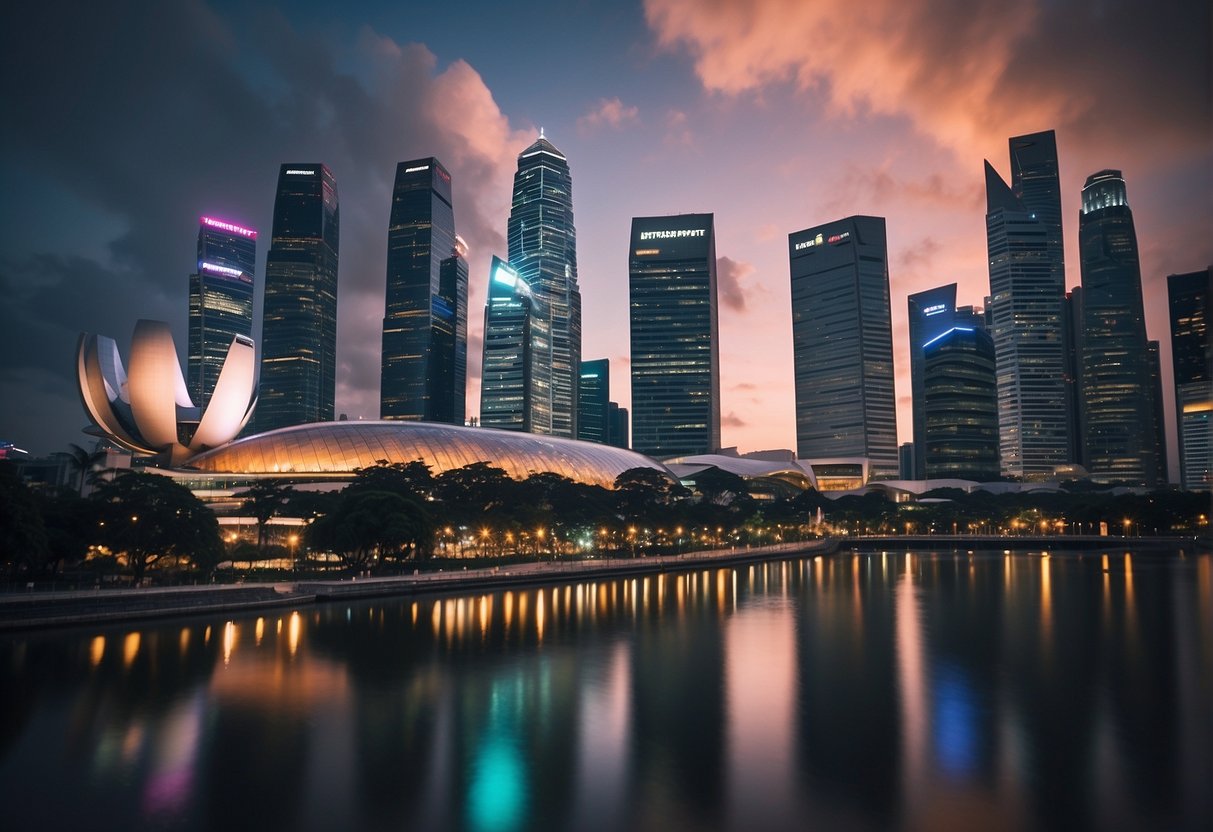 A vibrant cityscape with iconic Singapore landmarks, showcasing NETSpay promotions in 2024