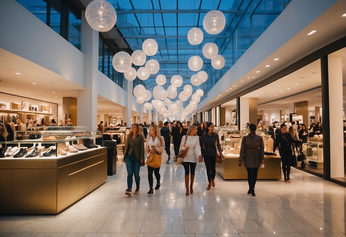 A bustling Michael Kors outlet with bright displays, bold signage, and excited shoppers browsing the latest trends and offers