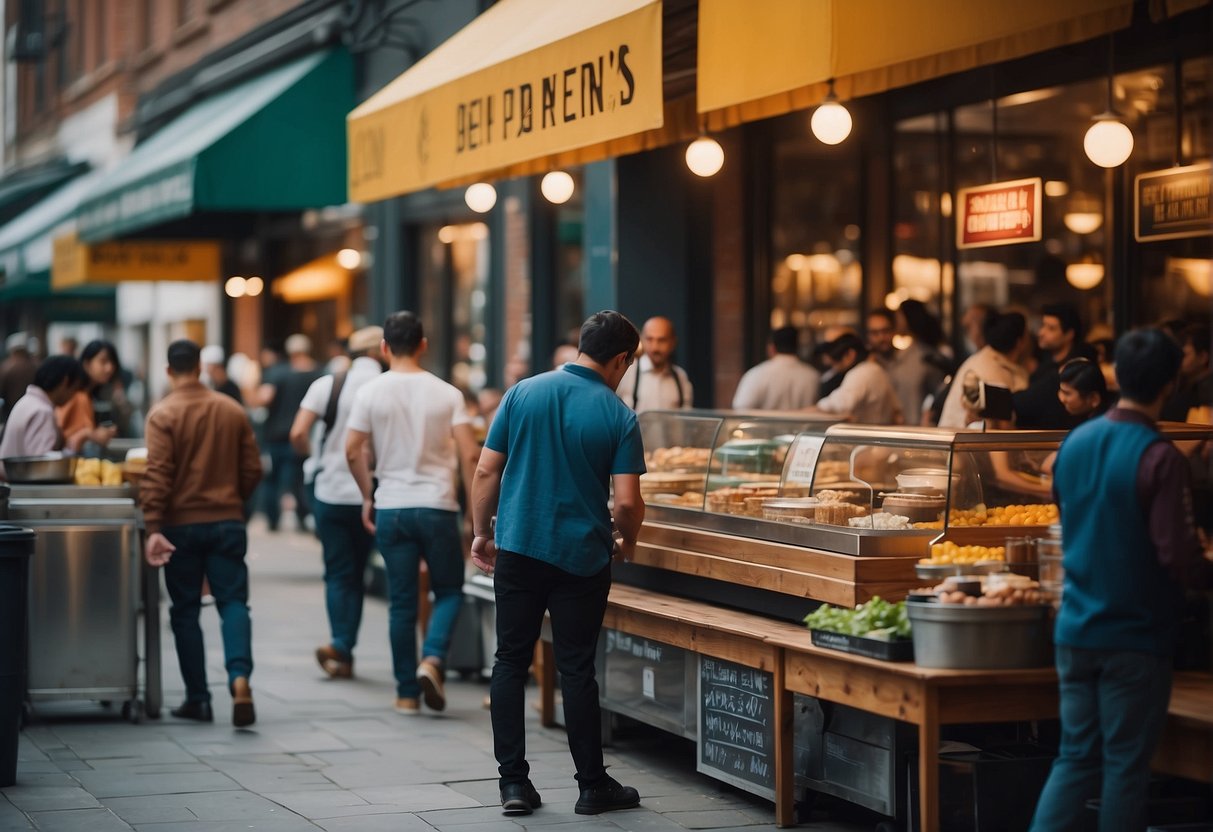 A bustling restaurant with a colorful sign, people entering for takeaways, and delivery drivers picking up orders