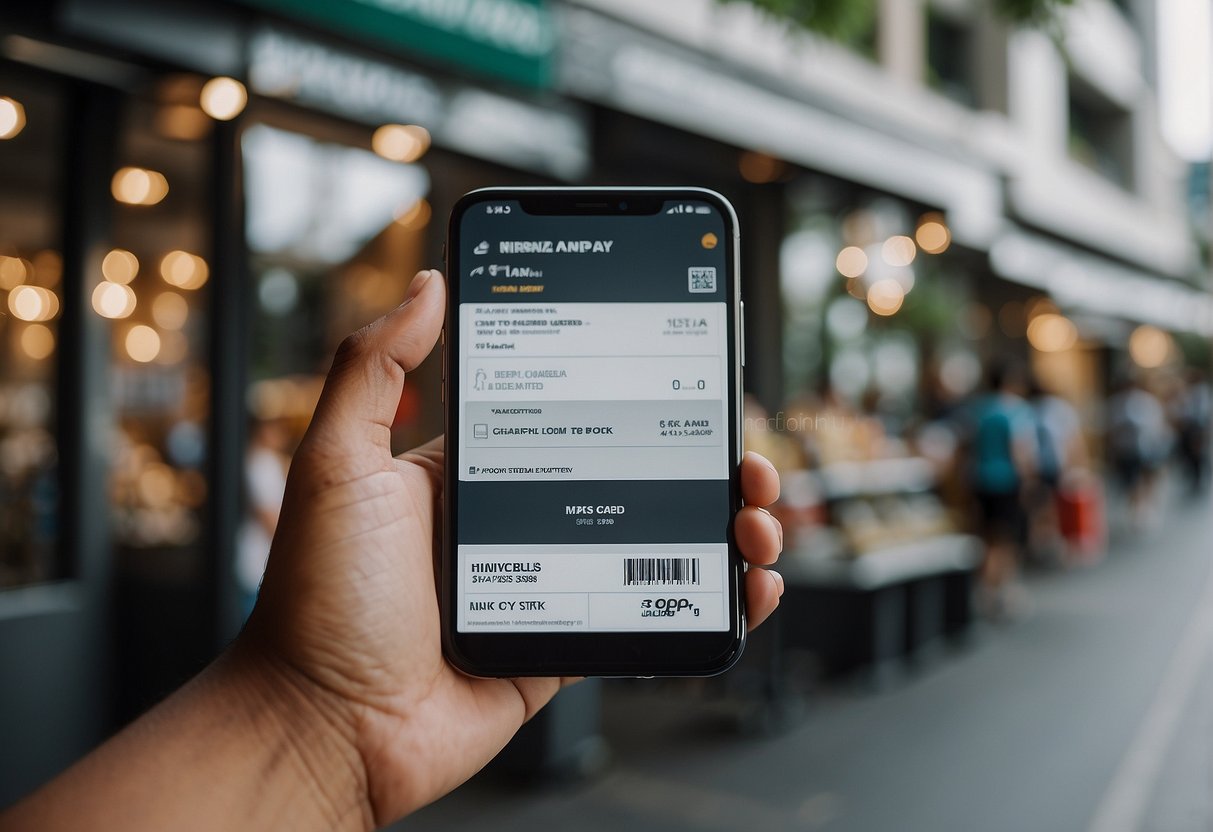 A hand holding a NETS FlashPay card, surrounded by various promotional offers and discounts in Singapore