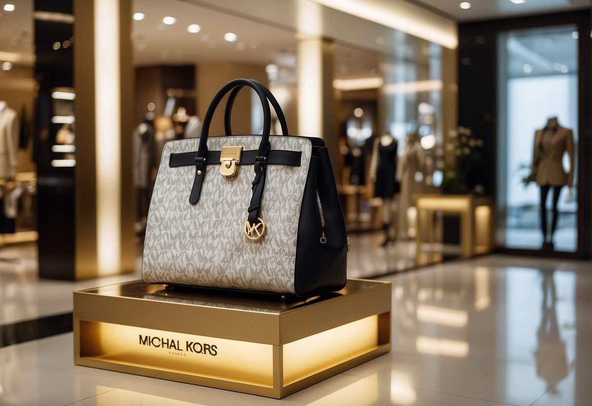 A sleek Michael Kors store in Singapore, adorned with stylish promotions signs, draws in curious shoppers