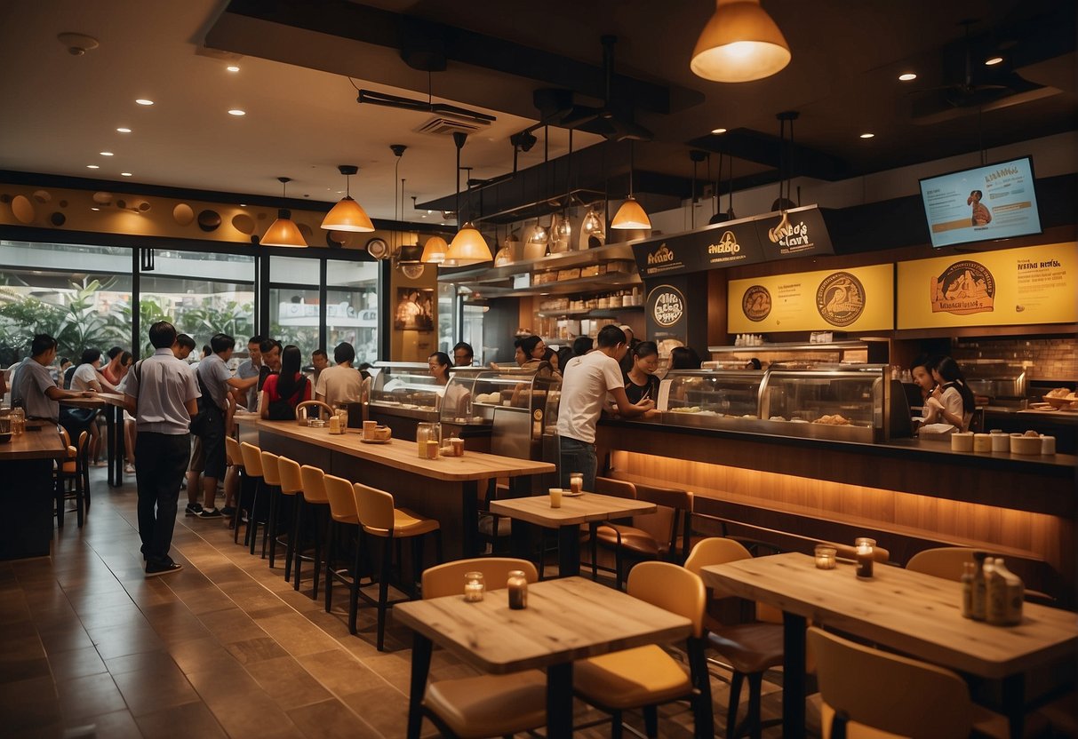 A busy Nando's restaurant in Singapore with promotional materials displayed and customers lining up