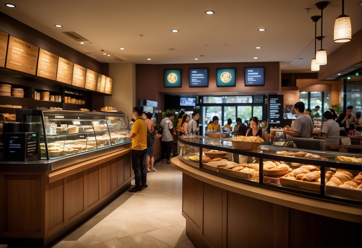 A busy Panera Bread store in Singapore with colorful promotional displays and a line of customers waiting to order