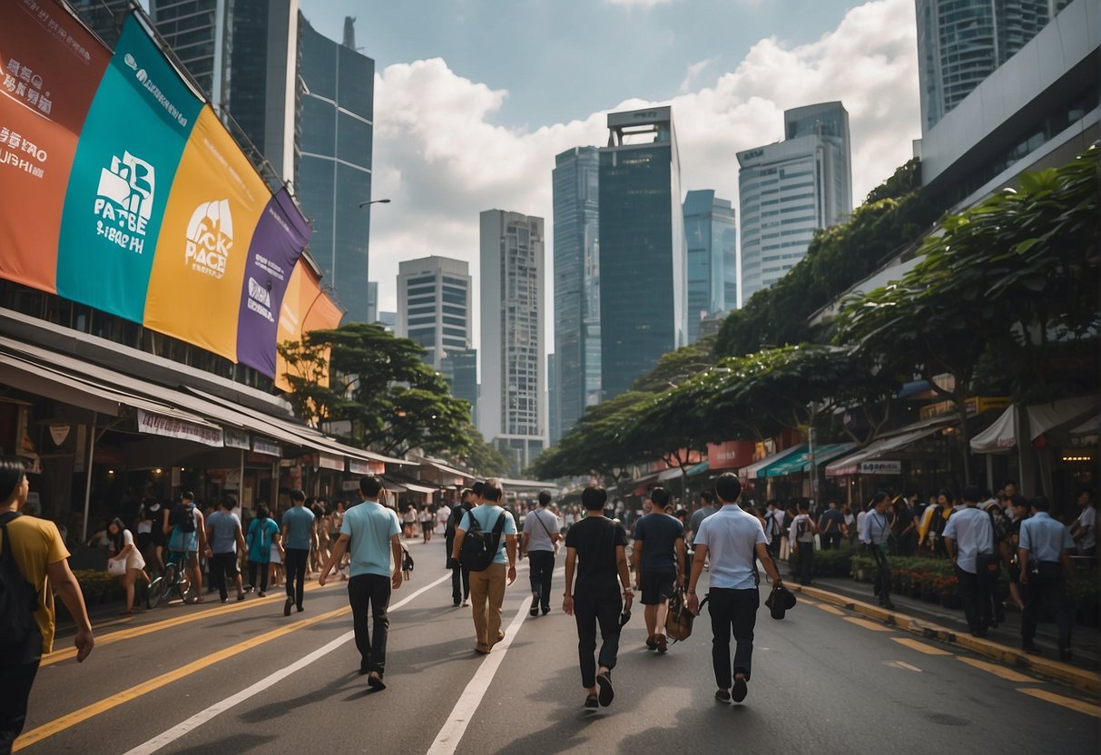 A bustling street in Singapore, with colorful banners and signs promoting North Face products. Pedestrians walk by, and the city skyline looms in the background