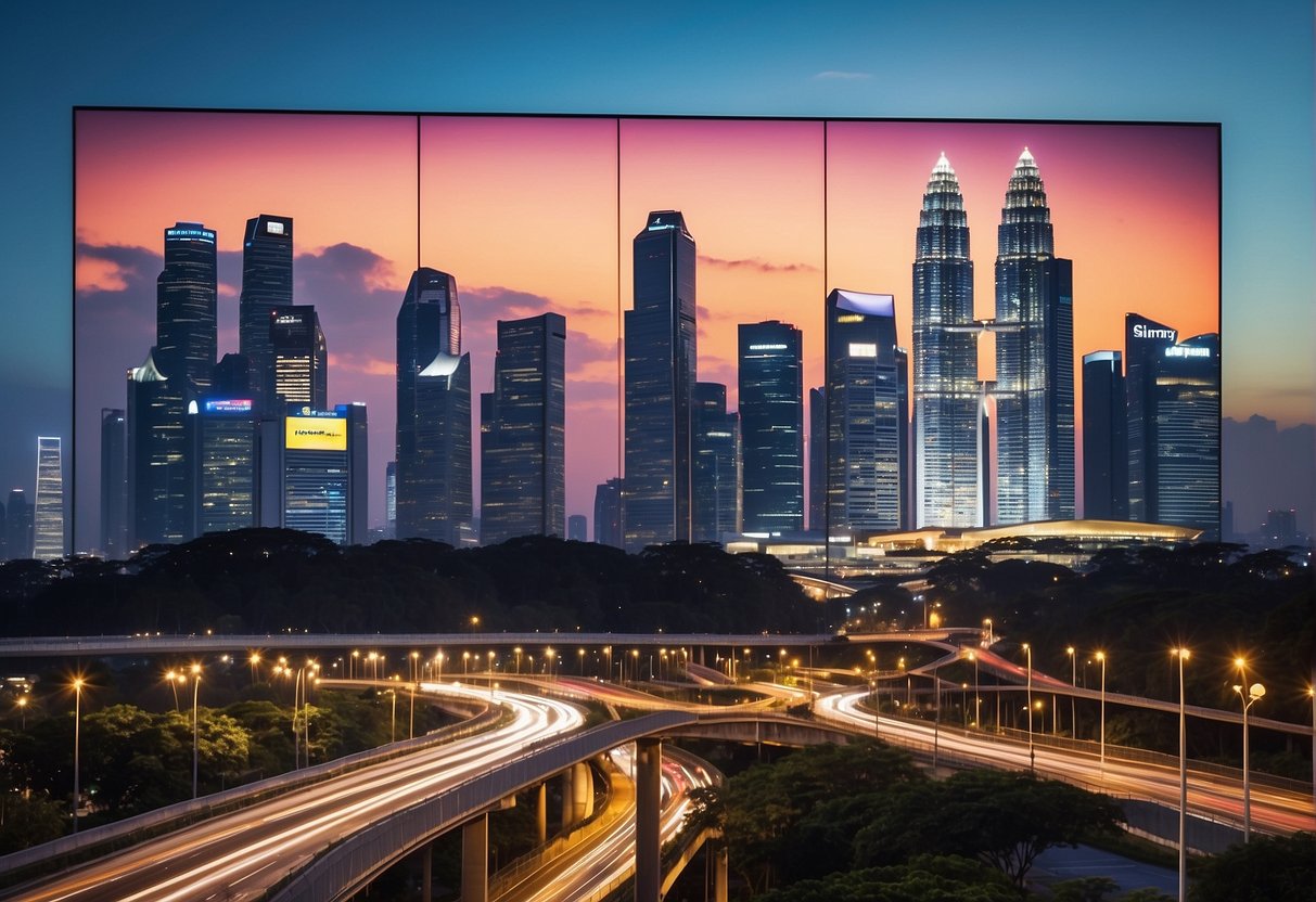 A vibrant cityscape with iconic Singapore landmarks and a prominent PayMaya promotion displayed on digital billboards