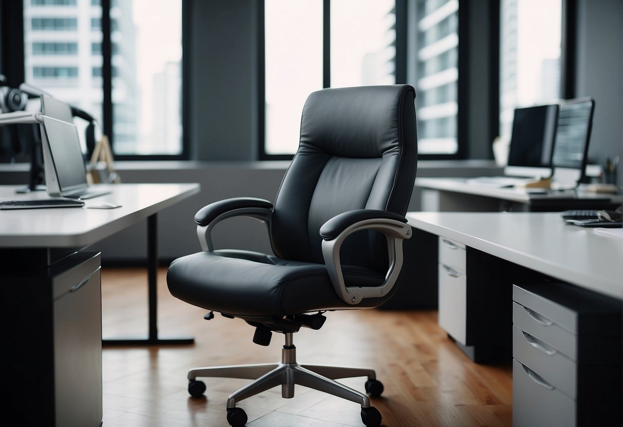 A sleek, modern office chair sits prominently in a brightly lit Singaporean office, adorned with promotional materials and surrounded by a clean, organized workspace