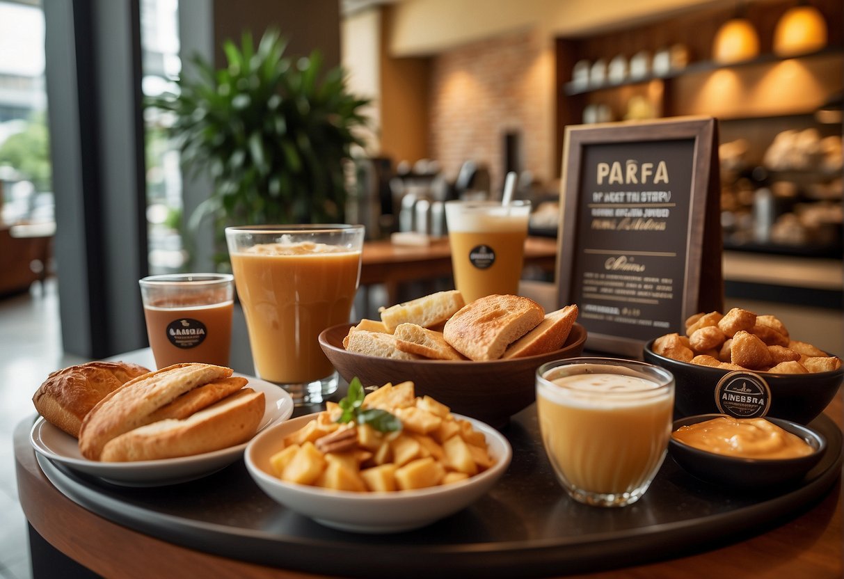 A table with a variety of Panera bread products and beverages displayed with promotional signage in a bustling Singapore cafe