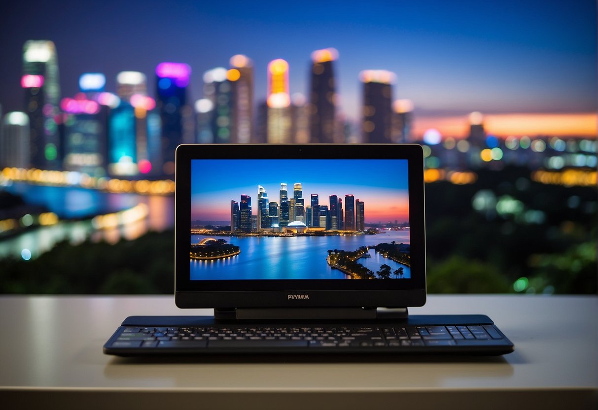 Cutting-edge gadgets arranged on a sleek display, with PayMaya promotions in vibrant colors, against a modern Singapore backdrop