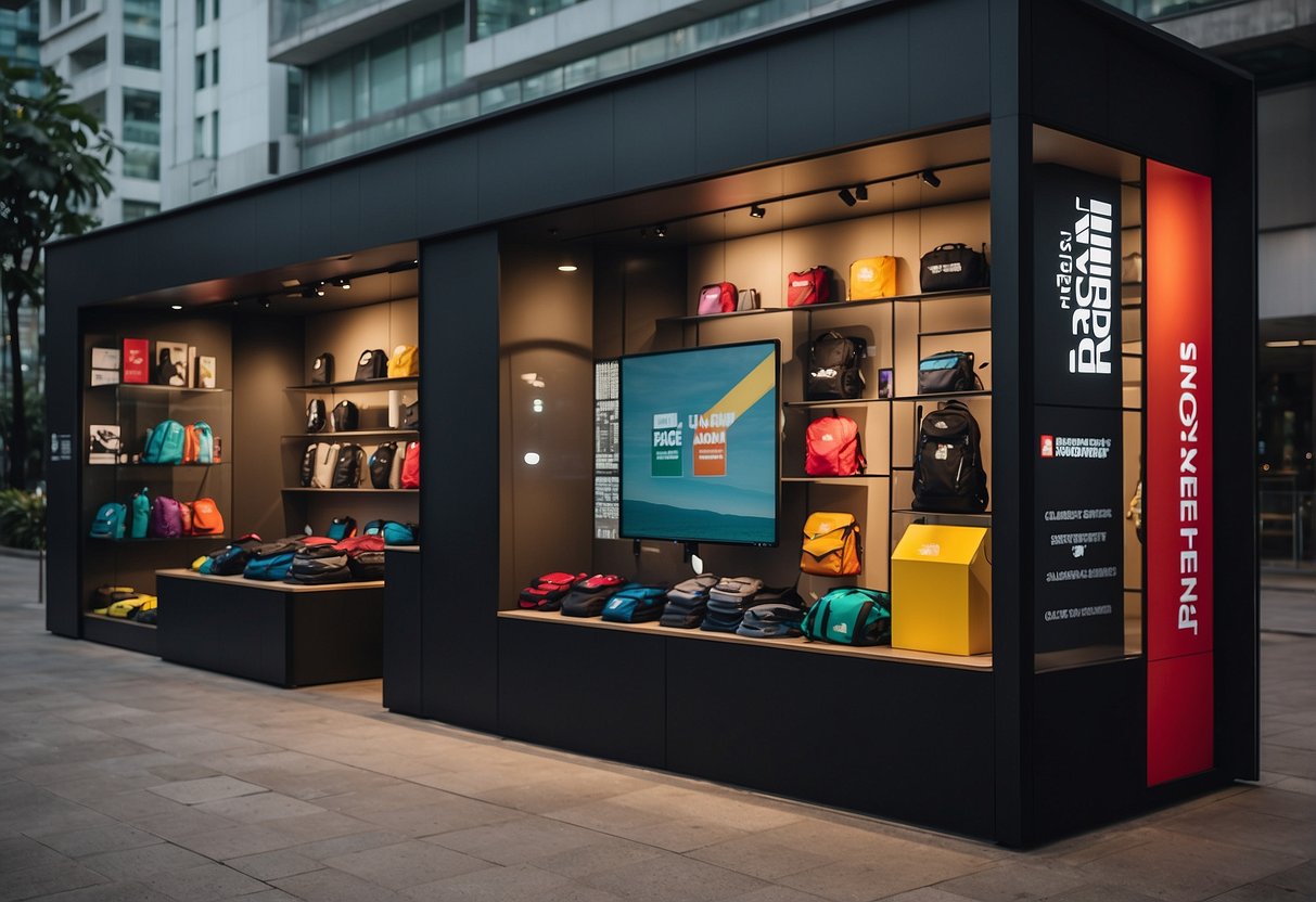 A colorful outdoor display featuring The North Face's latest promotions in Singapore, with eye-catching signage and products showcased