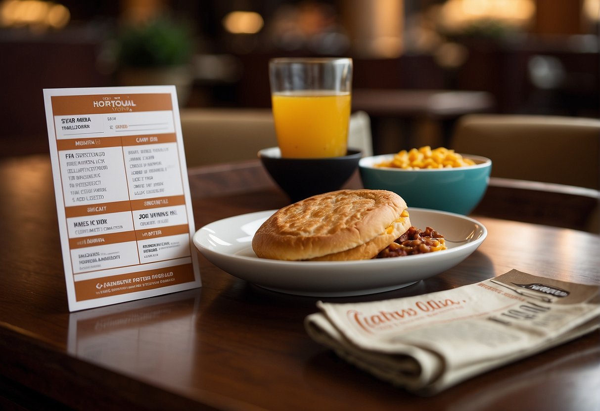 A table with a credit card, a Panera Bread menu, and a promotional flyer on top. A sign in the background reads "Exclusive Offers for Cardholders."