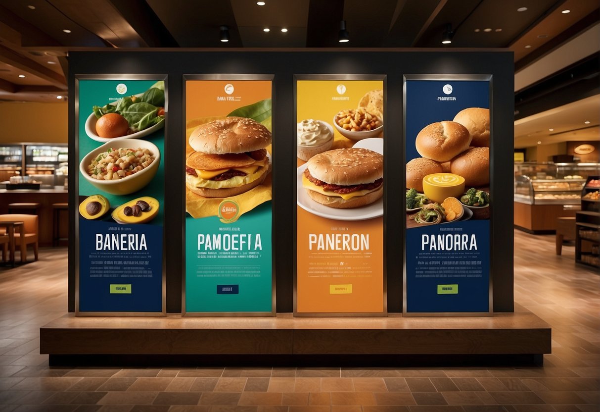 A colorful display of promotional materials for Panera in Singapore, including banners, flyers, and digital screens