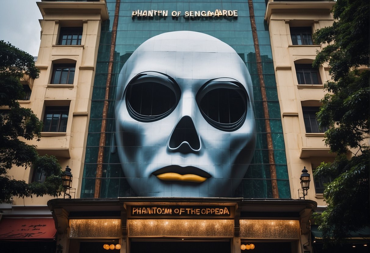 A grand theater facade adorned with "Phantom of the Opera" posters in vibrant colors, towering over a bustling Singapore street