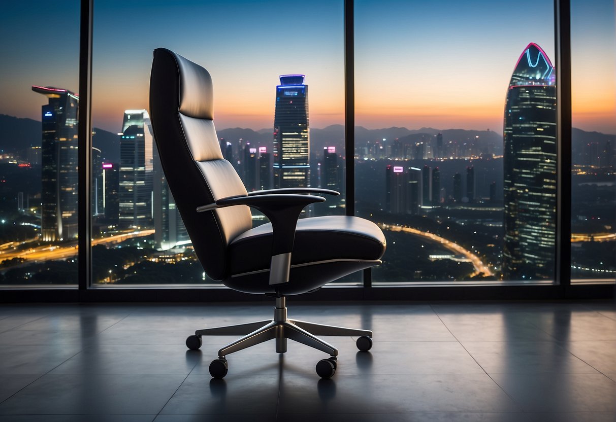 A sleek, modern office chair displayed in a well-lit showroom with a backdrop of the Singapore skyline