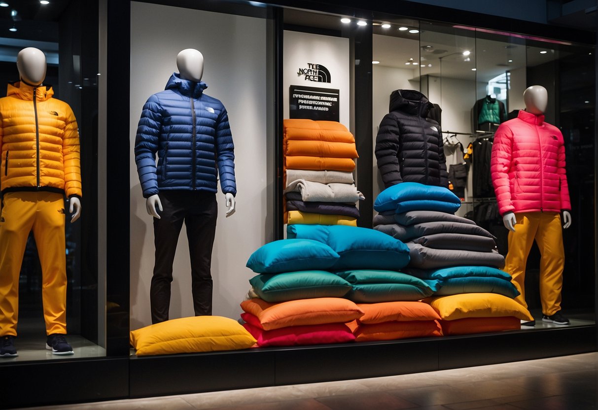 A colorful display of new North Face arrivals with promotional signage in a Singapore store window