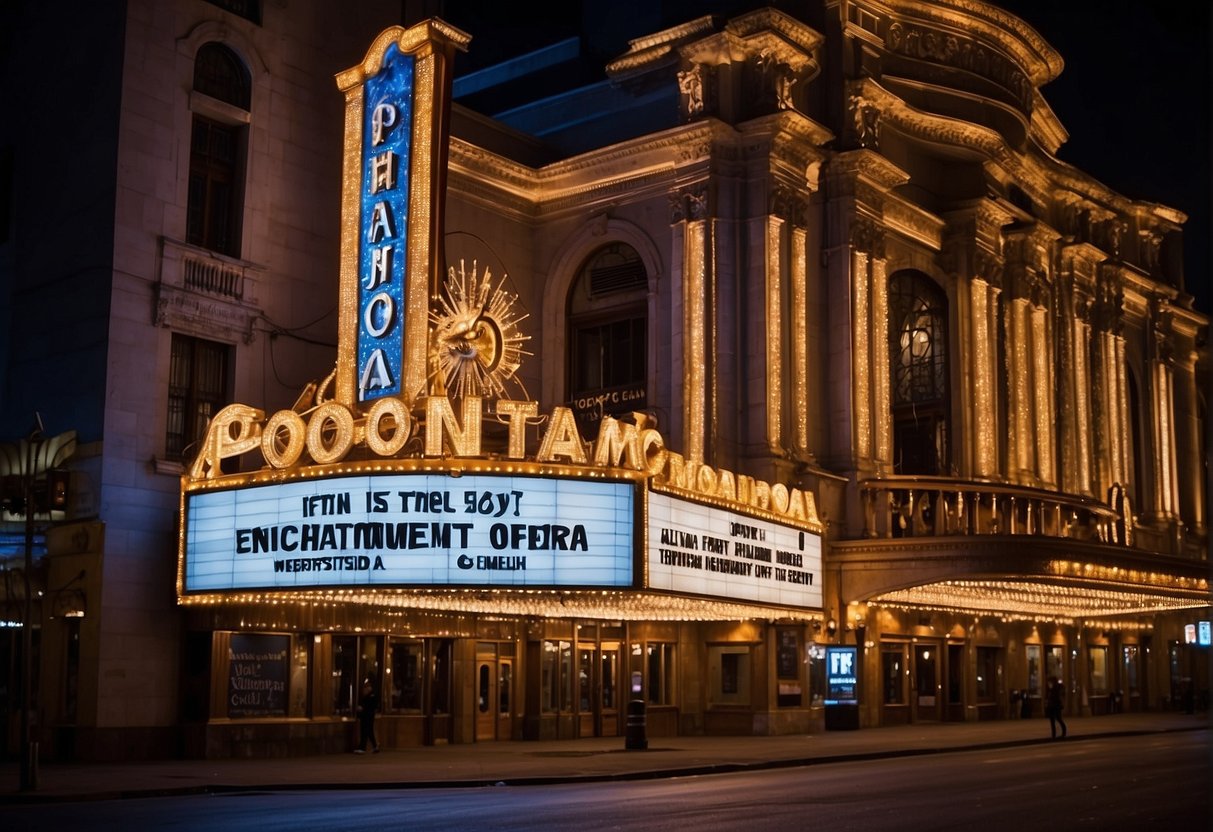 A grand theater marquee glows with "30 Years of Enchantment" and "Phantom of the Opera" promotions in vibrant colors, surrounded by twinkling lights and elegant architecture