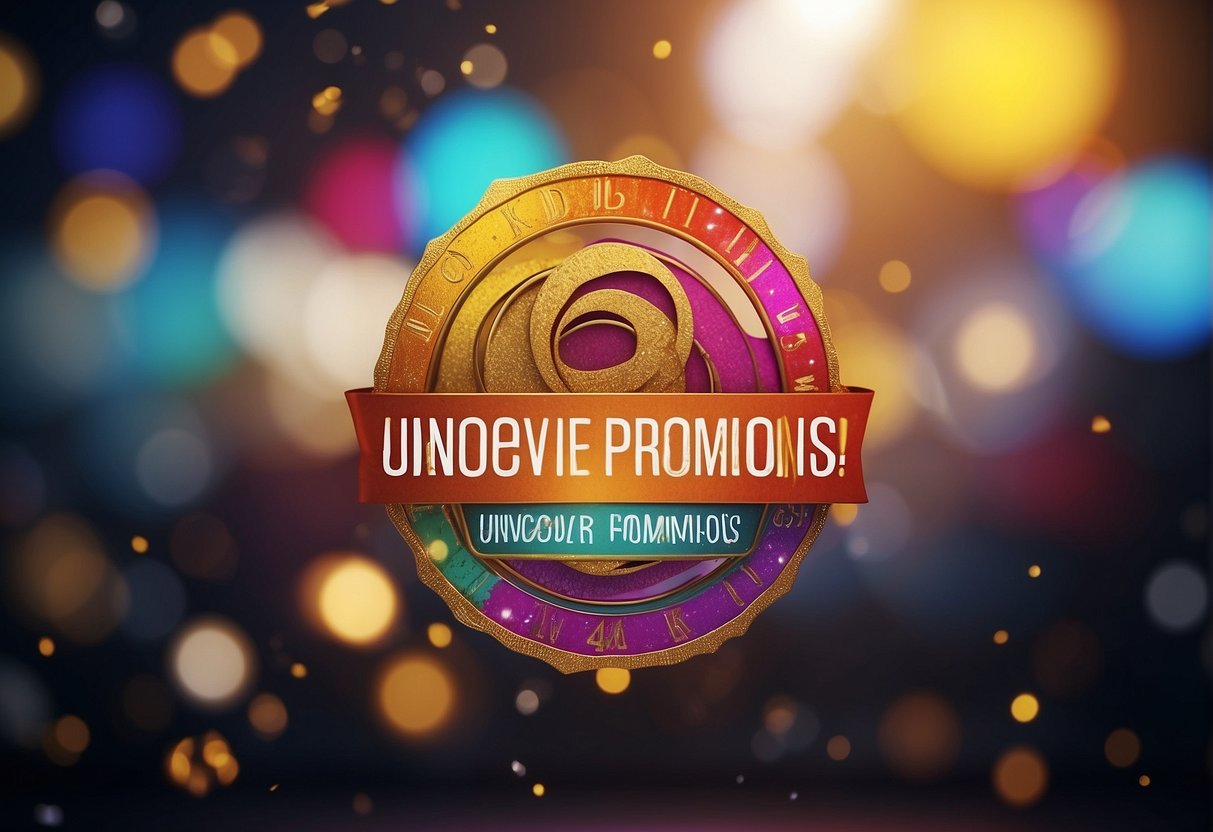 A colorful banner with the words "Uncover Exciting Promotions" displayed prominently, surrounded by various discount symbols and cashback offers