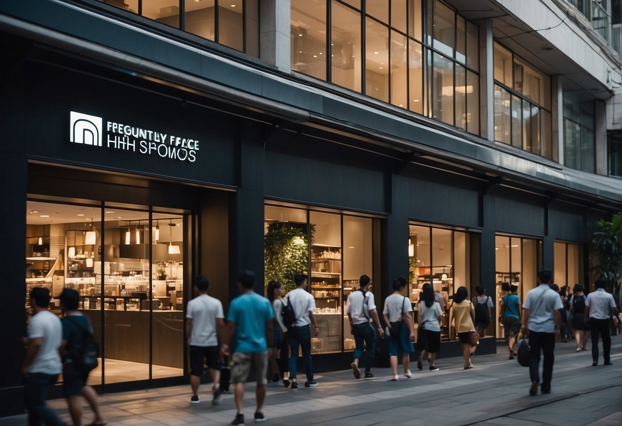 A crowded city street with a prominent storefront displaying "Frequently Asked Questions" and "North Face promotions" in Singapore