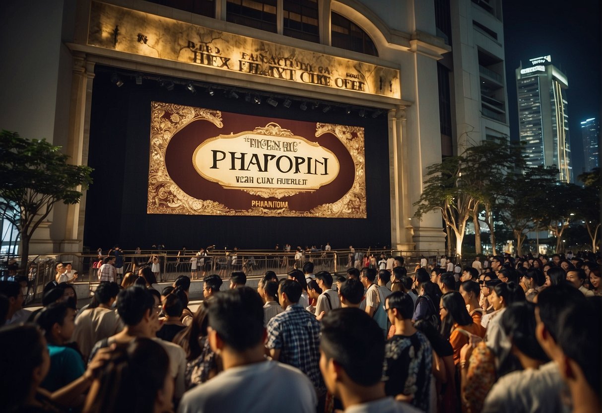 A grand theater marquee in Singapore displaying "Phantom of the Opera" promotions with a crowd of excited patrons gathered outside