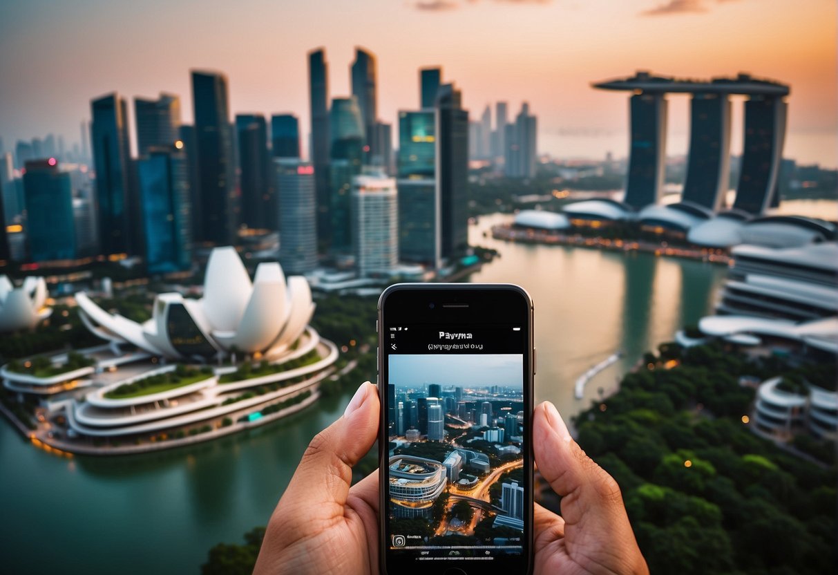 A vibrant cityscape with iconic Singapore landmarks, surrounded by digital devices displaying PayMaya promotions and frequently asked questions