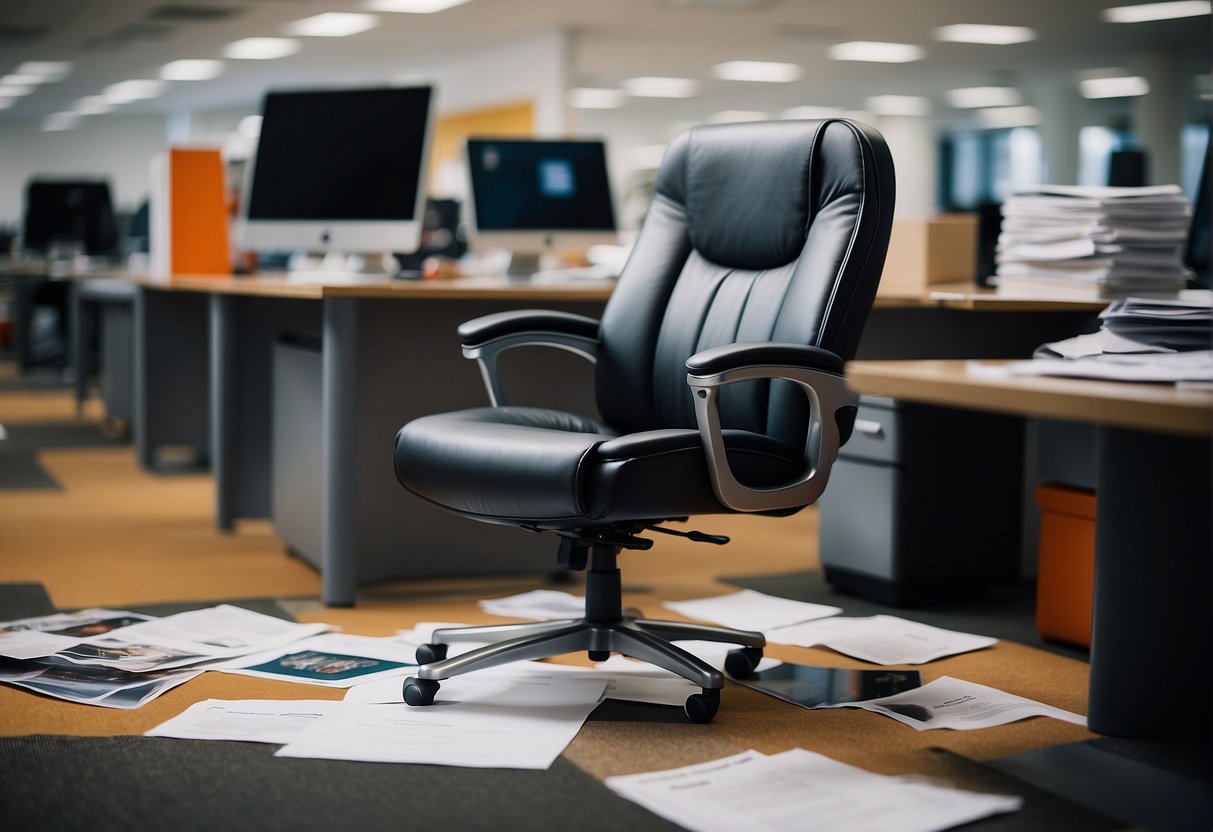 An office chair surrounded by promotional materials in a Singaporean office setting