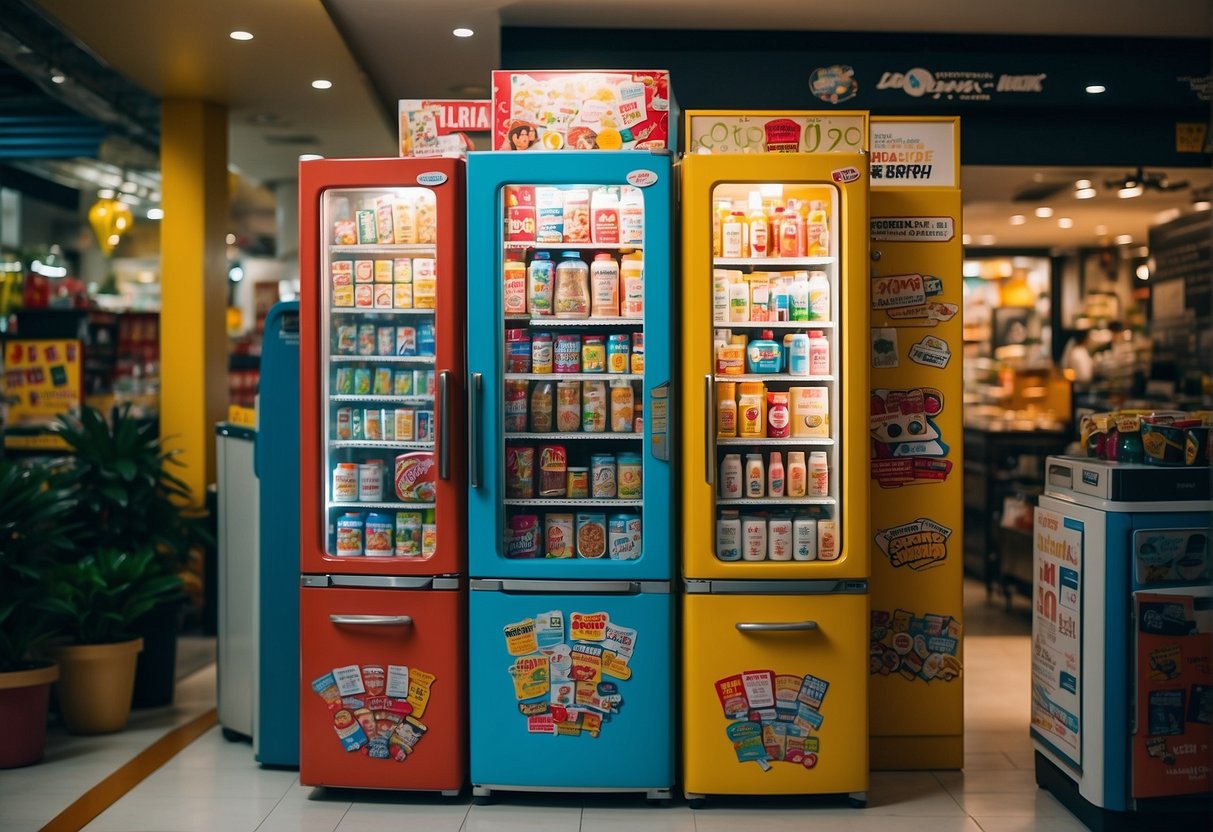 A colorful refrigerator covered in promotional stickers and banners, with a sign advertising special deals in Singapore