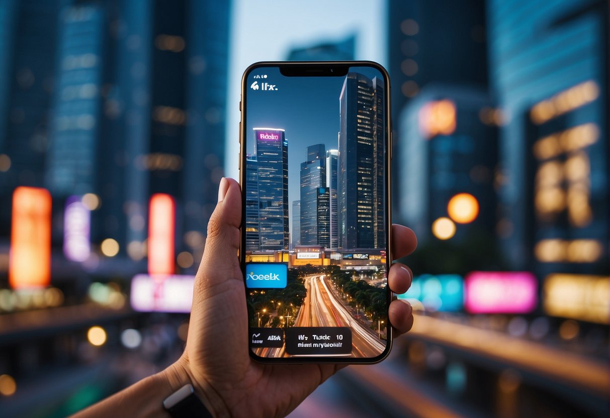 A vibrant cityscape of Singapore with prominent Roblox branding on billboards, buses, and buildings. People enjoy the virtual world on their devices
