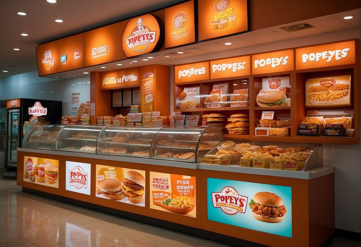 A colorful display of Popeyes promotions in Singapore, featuring enticing meal deals and limited-time offers