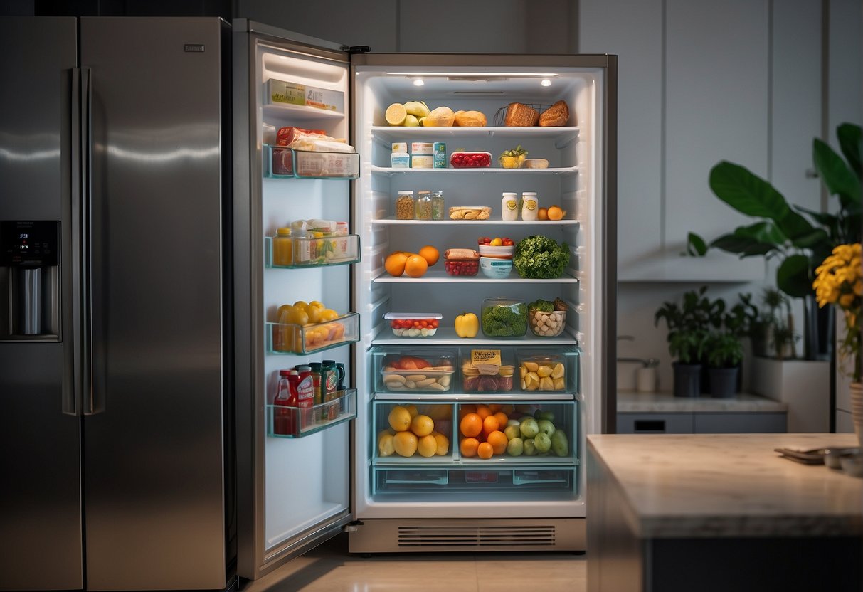 A sleek, modern refrigerator stands in a brightly lit kitchen, adorned with promotional stickers and tags advertising the latest deals in Singapore