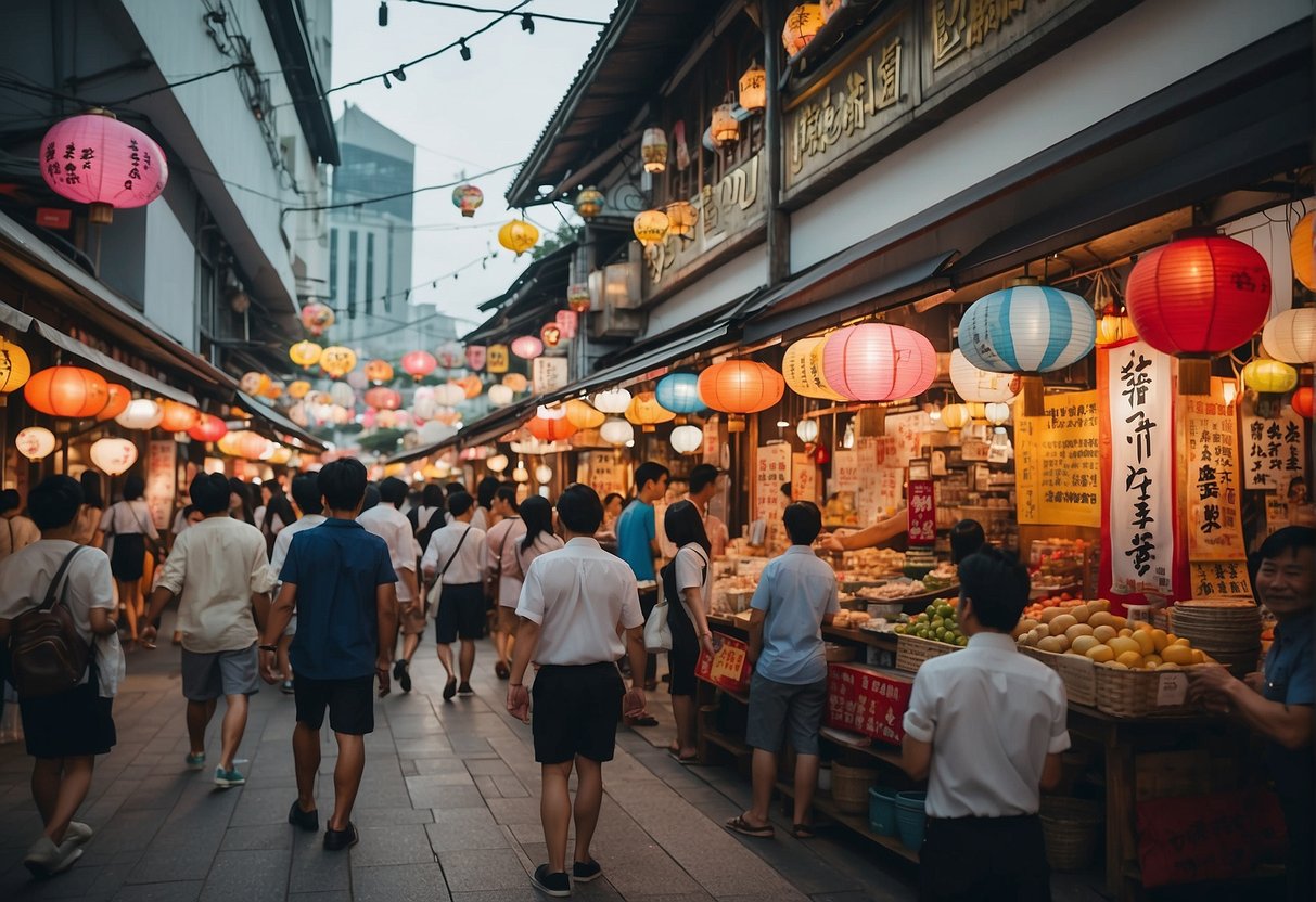 A bustling street in Singapore with colorful banners and signs promoting sake. Bright lights and lively atmosphere