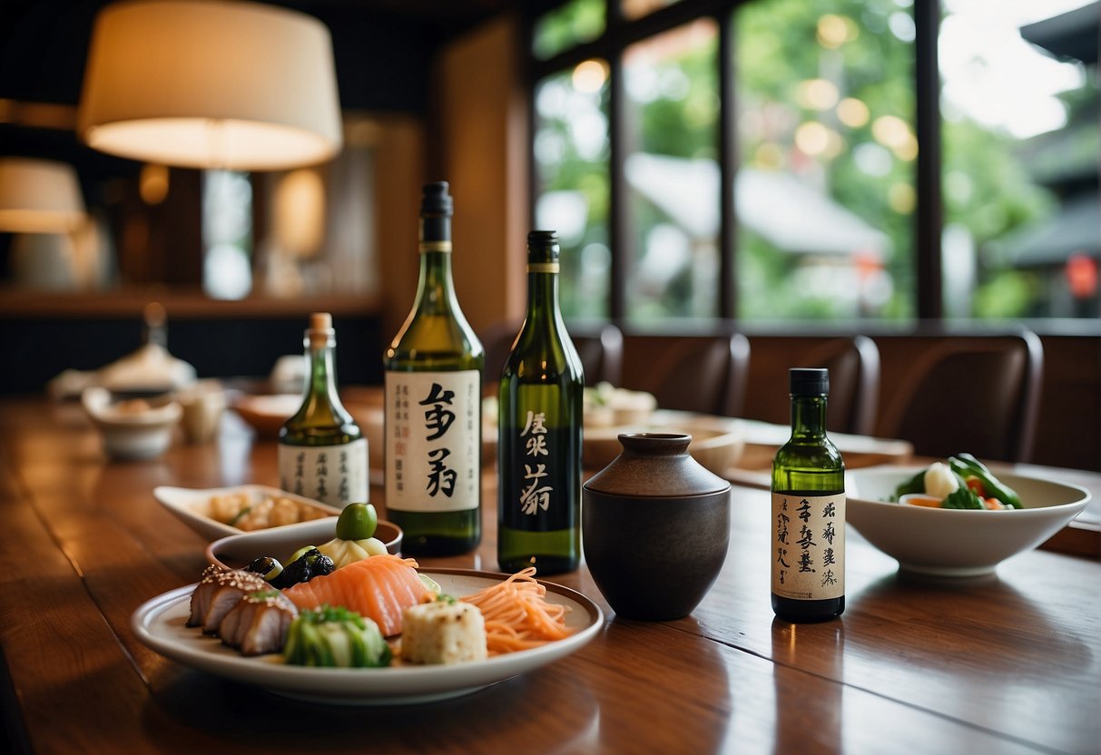 A traditional Japanese dining setting with sake bottles displayed on a wooden counter, accompanied by elegant promotional signage in a cozy Singaporean restaurant