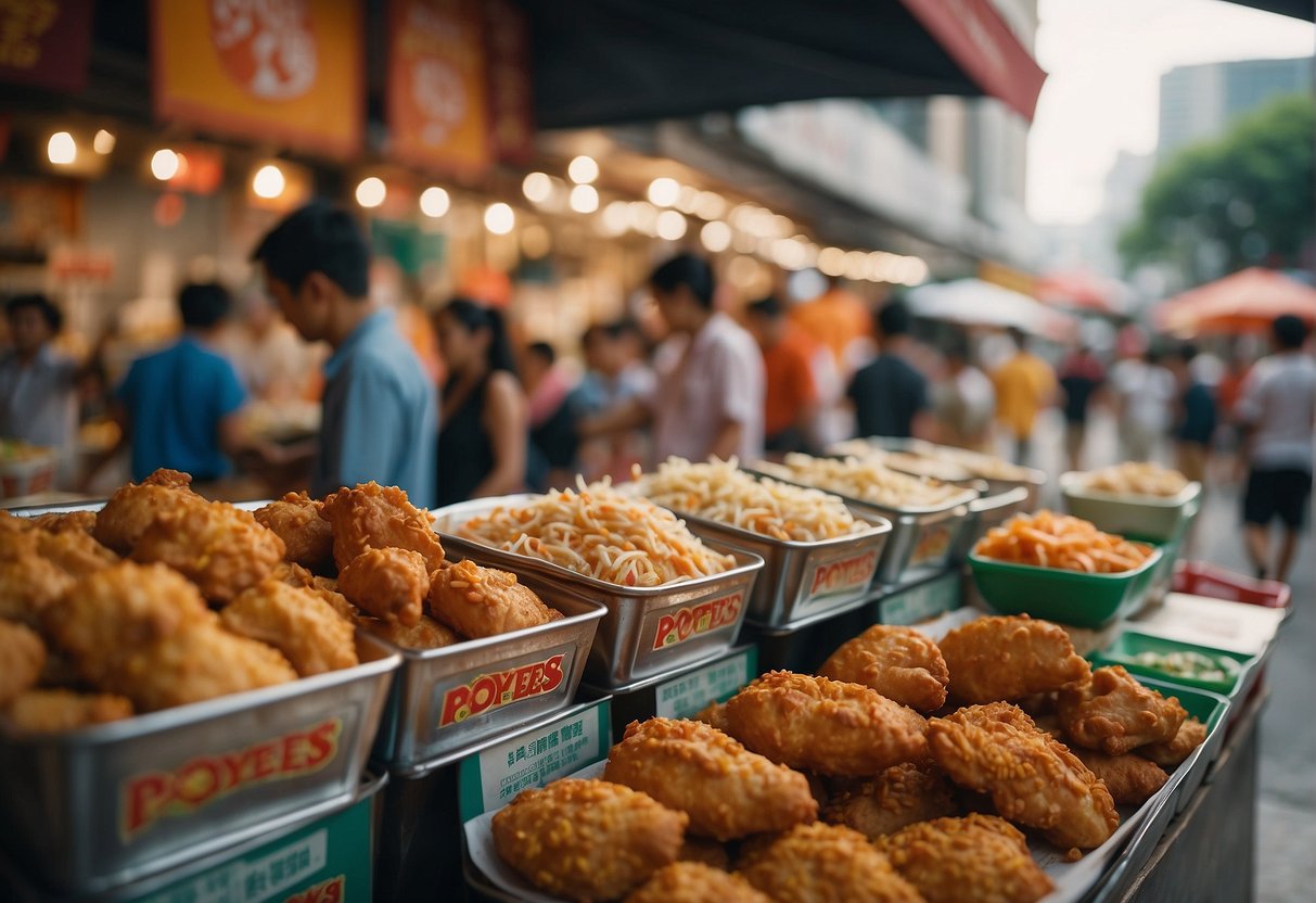 A colorful display of Old Chang Kee and Popeyes promotions in a bustling Singapore street market