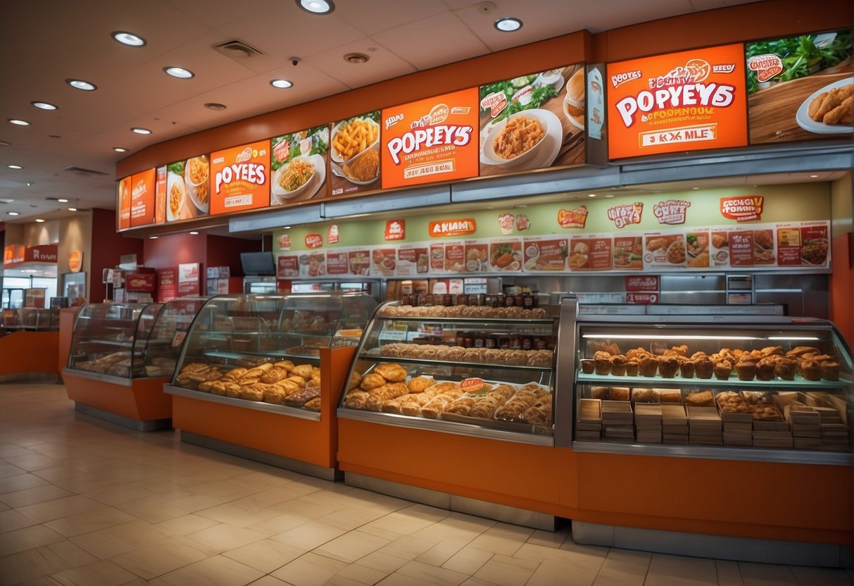 A colorful display of Popeyes promotions in Singapore, with enticing offers and vibrant graphics