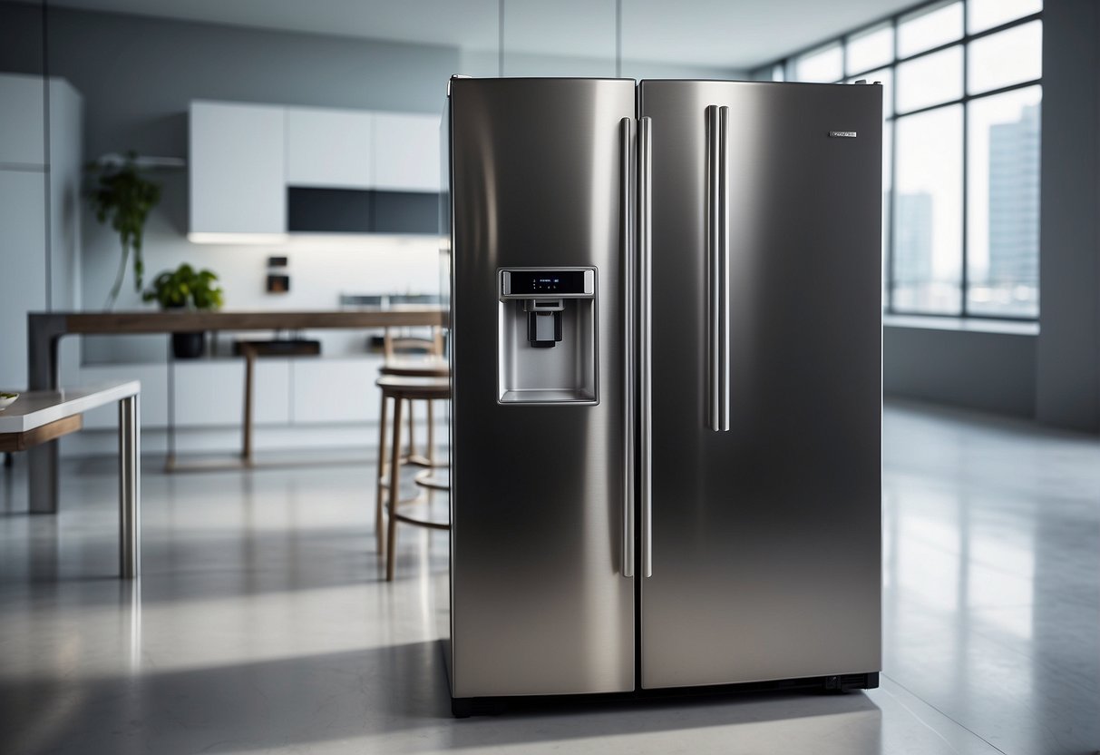 A sleek, modern refrigerator sits against a clean, white backdrop. Its stainless steel exterior gleams under the bright lights, showcasing its spacious interior and advanced features