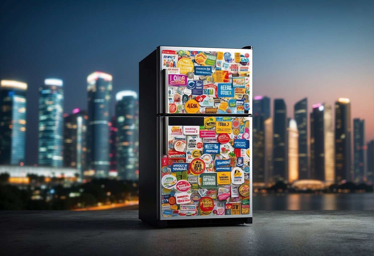 A refrigerator covered in promotional stickers with "Frequently Asked Questions" text in bold, set against a backdrop of Singapore landmarks