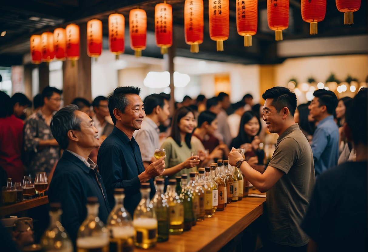 A traditional Japanese sake tasting event in Singapore, with colorful banners and sake bottles on display, surrounded by eager patrons