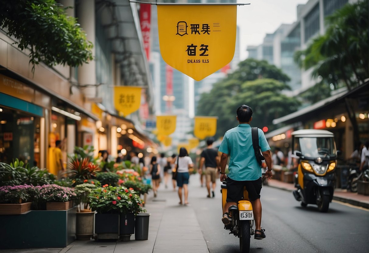A bustling street in Singapore with colorful banners and signs promoting Scoot airline deals. People walking by and a vibrant cityscape in the background