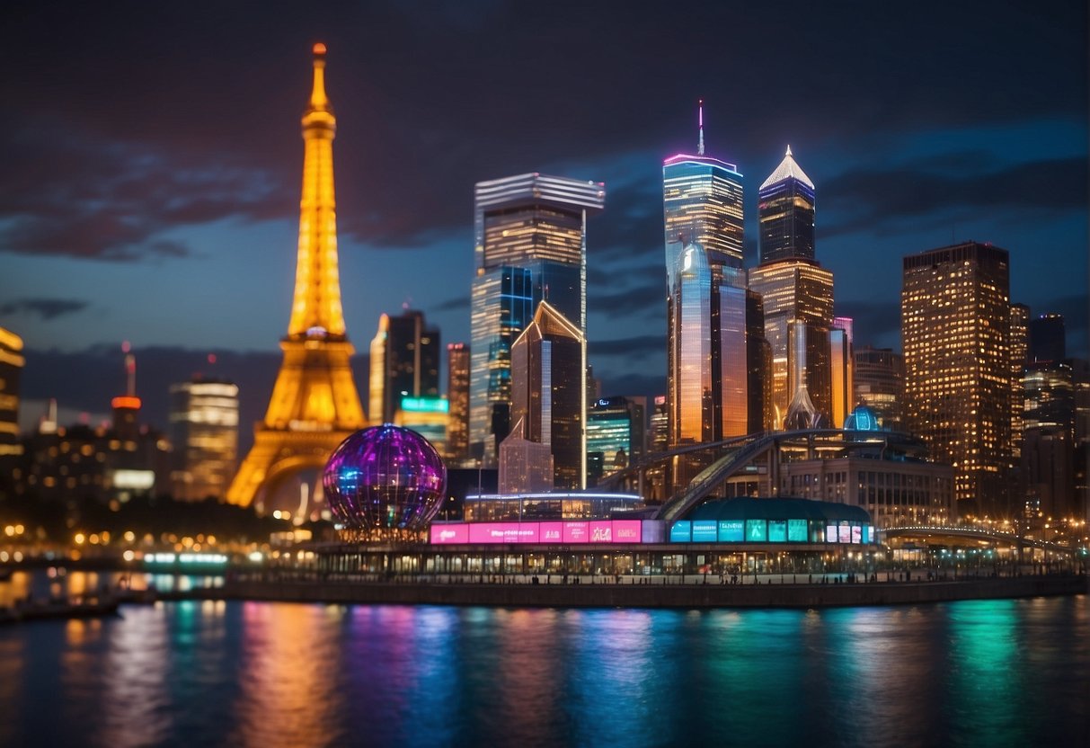 Vibrant cityscape with iconic landmarks, bustling streets, and colorful showpo promotions signage